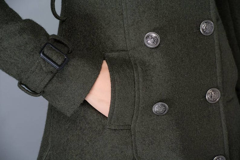 Wool coat women, Double breasted wool coat, winter coat women, Military Coat, Green wool coat with pockets, handmade wool coat C1028 image 8