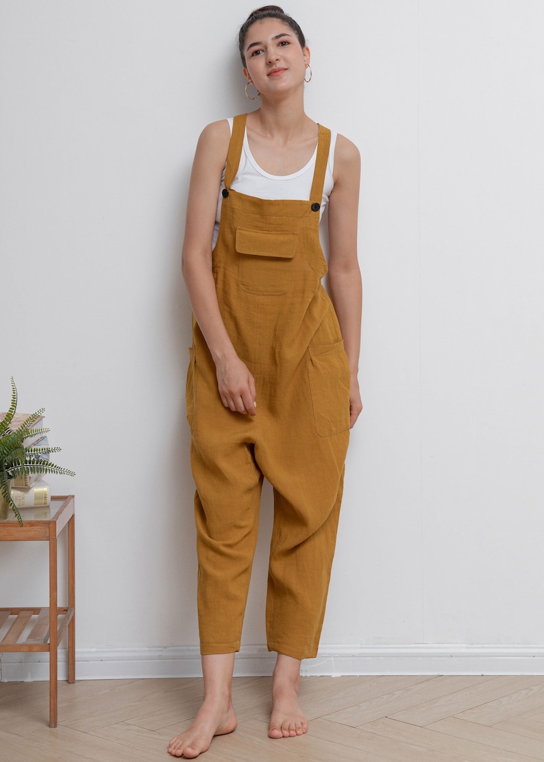 Women Linen Jumpsuit, Casual Linen Overalls, Loose Linen Harem Jumpsuits, Womens linen Romper, Yellow Linen Jumpsuit, Loose Pants C2943 image 2