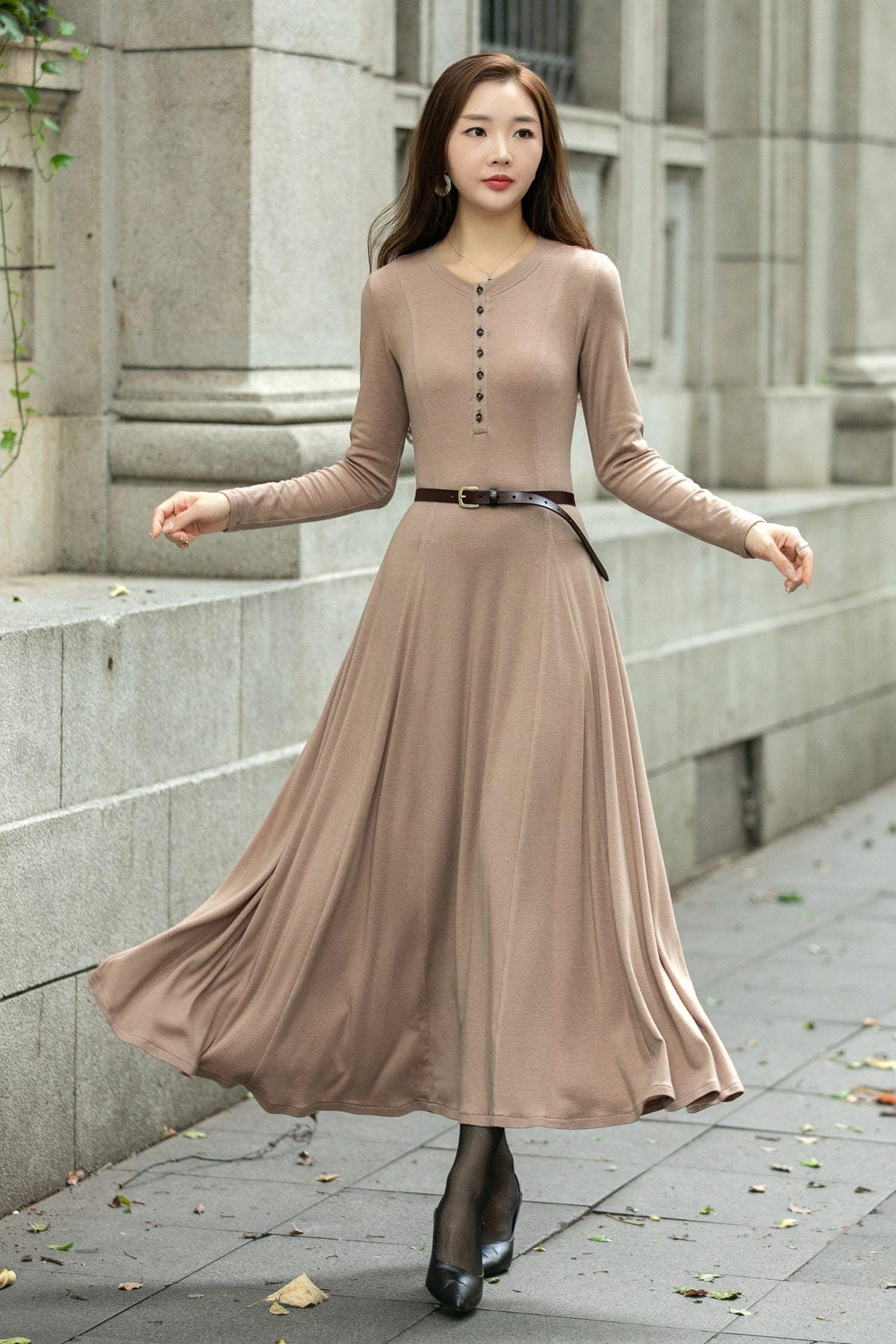 knit A-line long dress, Wool-free knit dress, Camel knit dress, Womens Loose-fit knit sweater dress, Handmade dress, Ylistyle C4507