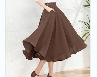 Brown Linen Swing Skirt, Mid-Length A-Line Skirt, High-Waisted linen skirt, Spring skirt women, Handmade linen skirt, ylistyle C4764