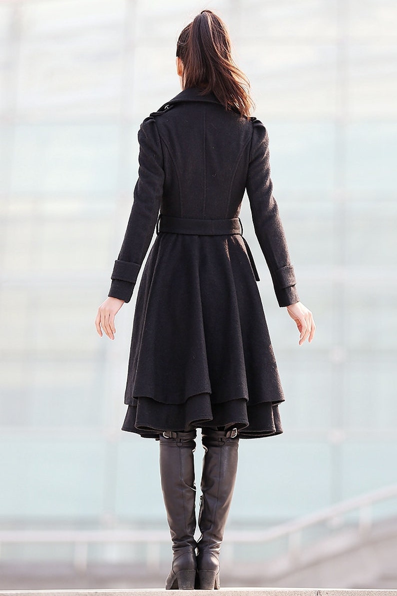 Black Wool Coat Fit and Flare Coat Knee Length Winter Coat Etsy