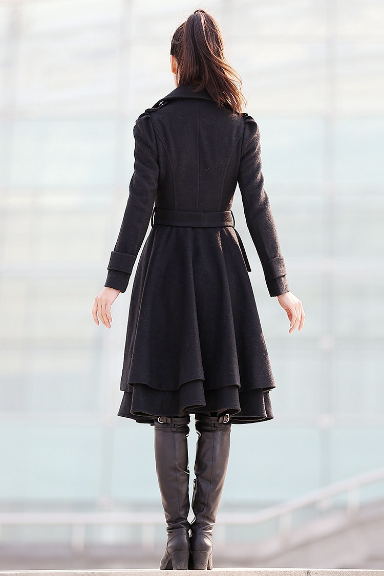 Black Wool Coat, Fit and Flare Coat, Knee Length Winter Coat