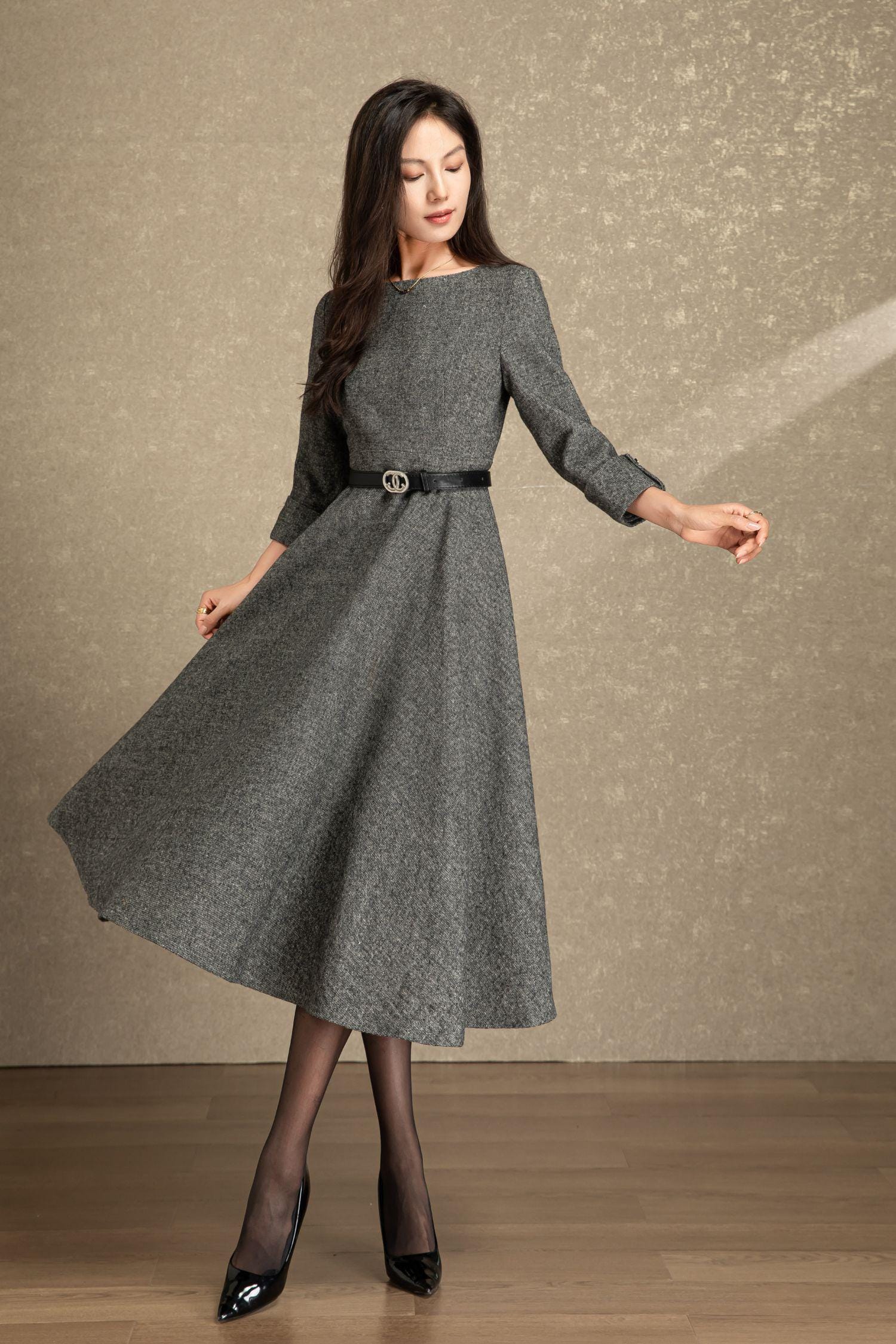 Swing Wool Dress Women, Fit and Flare Dress, Grey Wool Dress