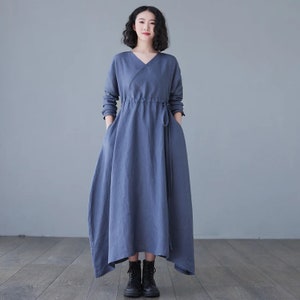 White Linen Maxi Dress, Casual Long Sleeves Maternity Dress, womens dress with drawstring wasit, Plus Size dress, Oversized Dress C1836 dark blue