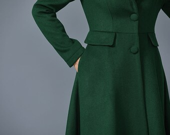 Dark Green Wool Coat, Long Wool Coat, Warm Winter Coat, Ladies