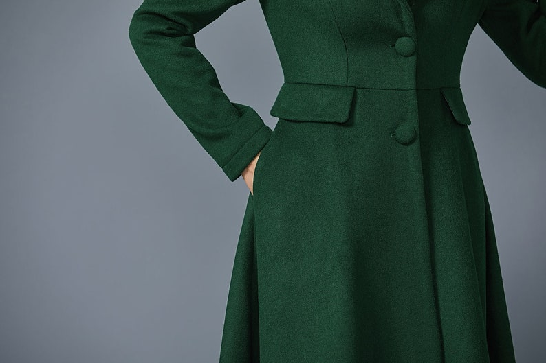 Dark green wool coat, Long wool coat, Warm winter coat, ladies coat, Womens wool coat, Wool coat with pockets, handmade coat, Ylistyle C1614 image 8