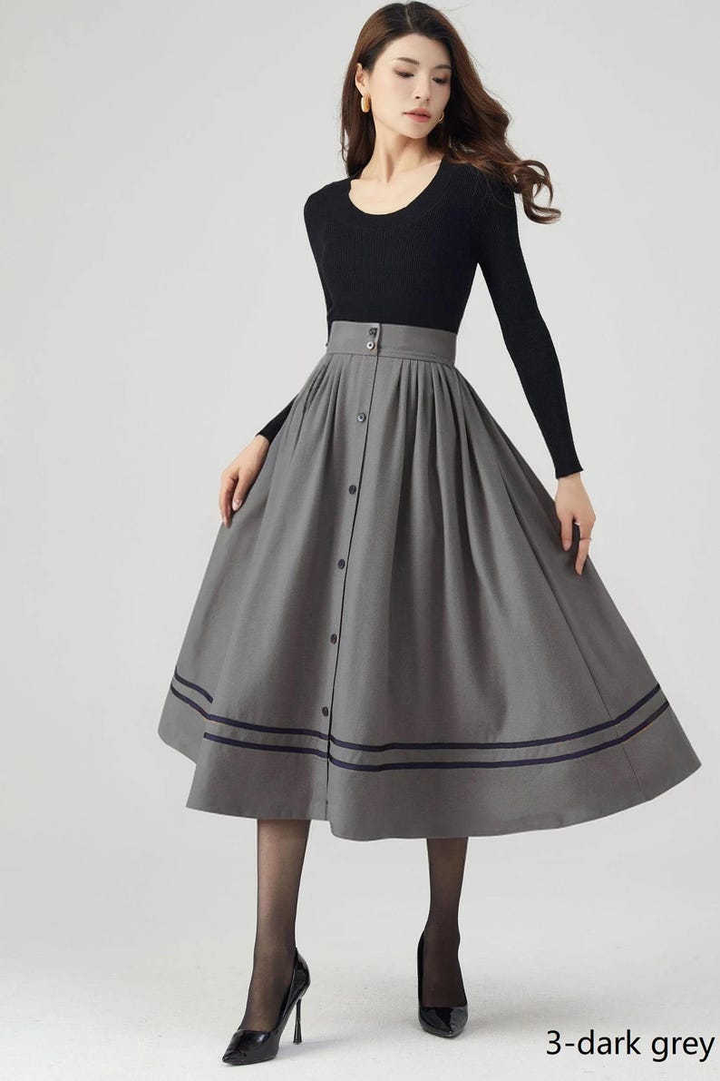 Wool Skirt Women, Midi Skirt, Button down Wool Skirt, High Waisted Skirt, Winter Warm Skirt, Swing Skirt, Handmade skirt, Ylistyle C3552 C3-dark grey