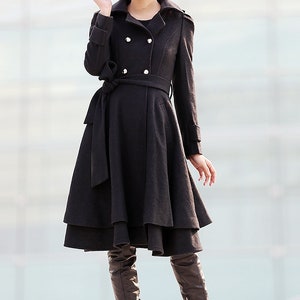 Black wool coat, Fit and flare coat, Knee length winter coat, double breasted coat, women coat, knee length woman jackets, warm coats C219 image 9