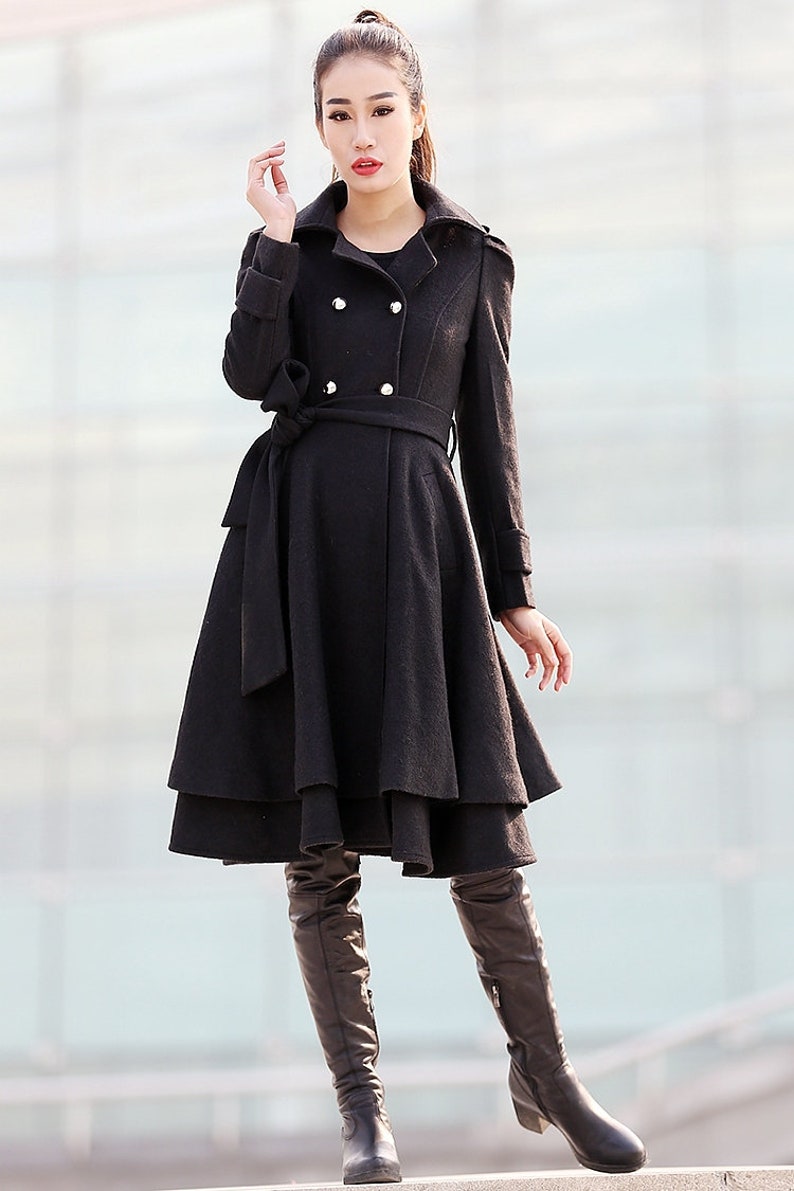 Black wool coat, Fit and flare coat, Knee length winter coat, double breasted coat, women coat, knee length woman jackets, warm coats C219 image 9