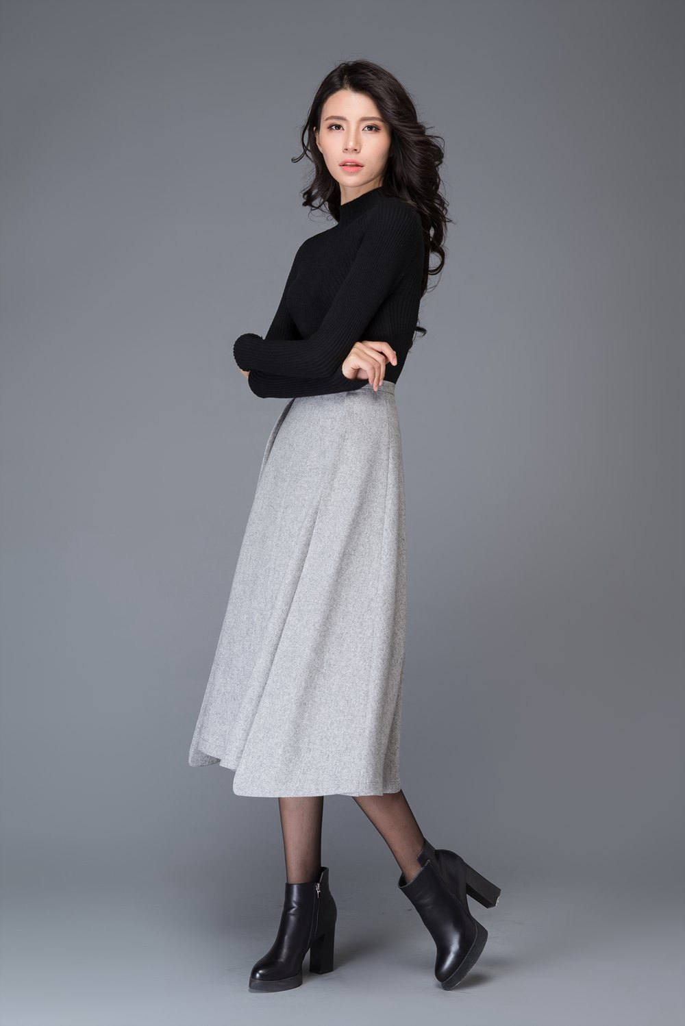 Asymmetrical Wool Midi Skirt, Gray Winter Office Skirt, Custom