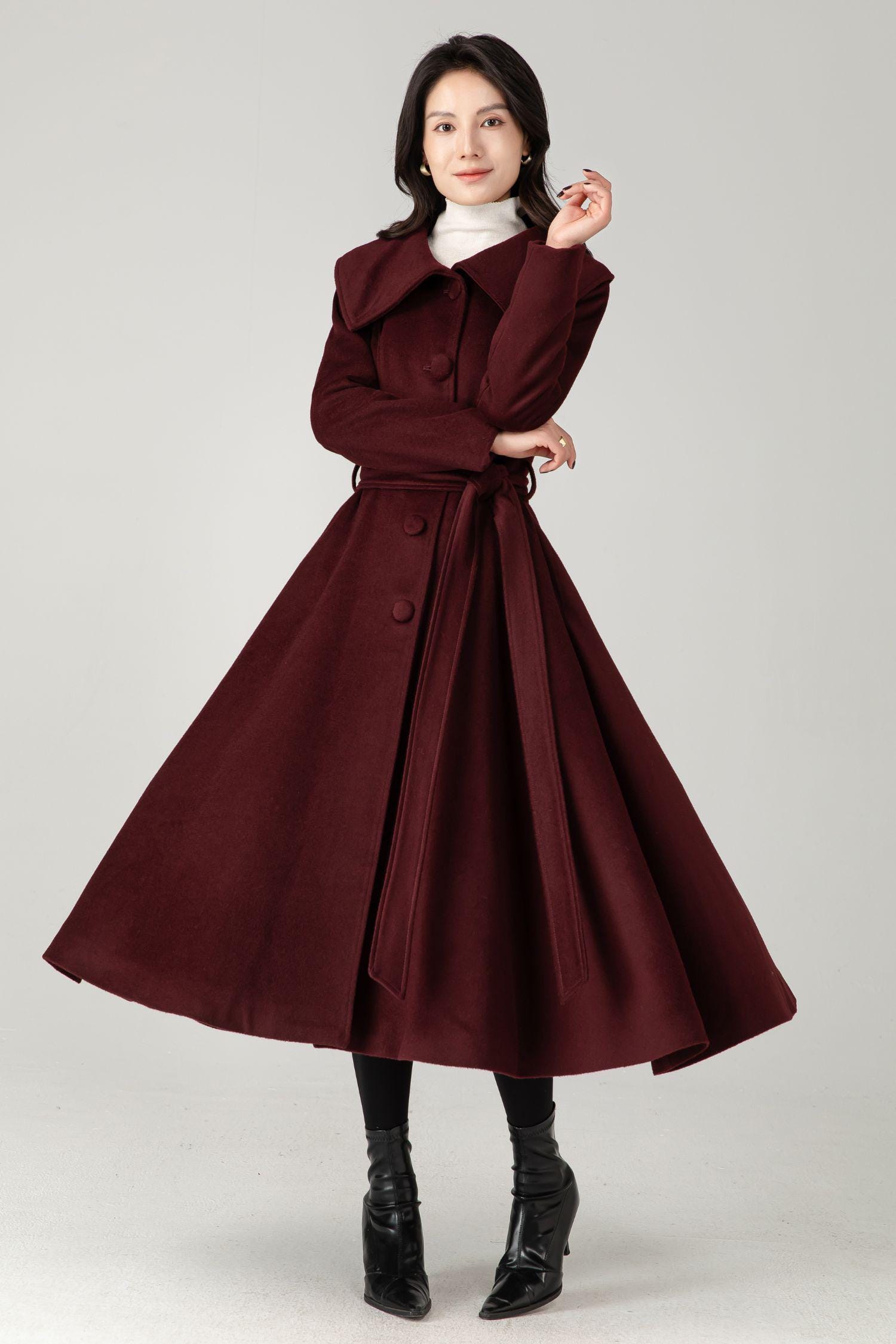 Burgundy Wool Blend Midi Coat: Belted Winter Swing Coat, Ylistyle