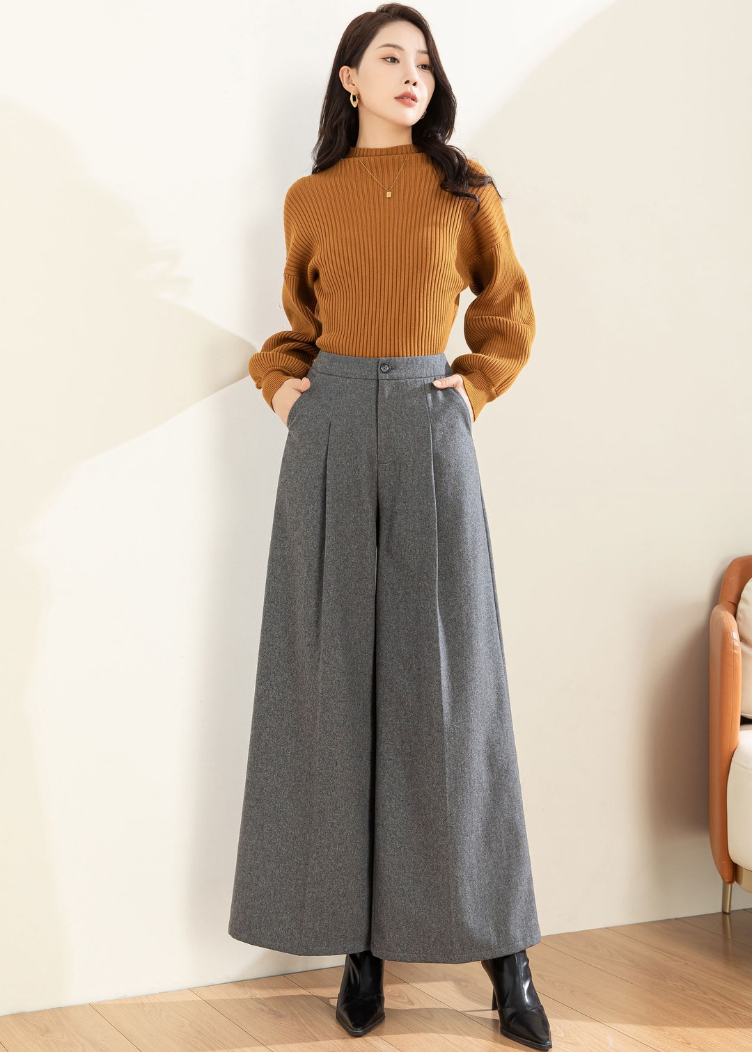 Wide Leg Wool Pants Women, Wool Palazzo Pants, Gray Pants, Casual Wool
