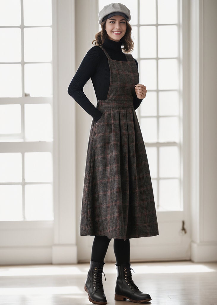 brown plaid overall dress Plus Size Plaid Wide Strap Overall Dress Black / 2XL