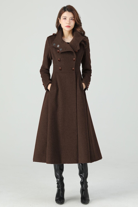 Elegant Brown Wool Blend A-line Coat: Double-breasted High Collar