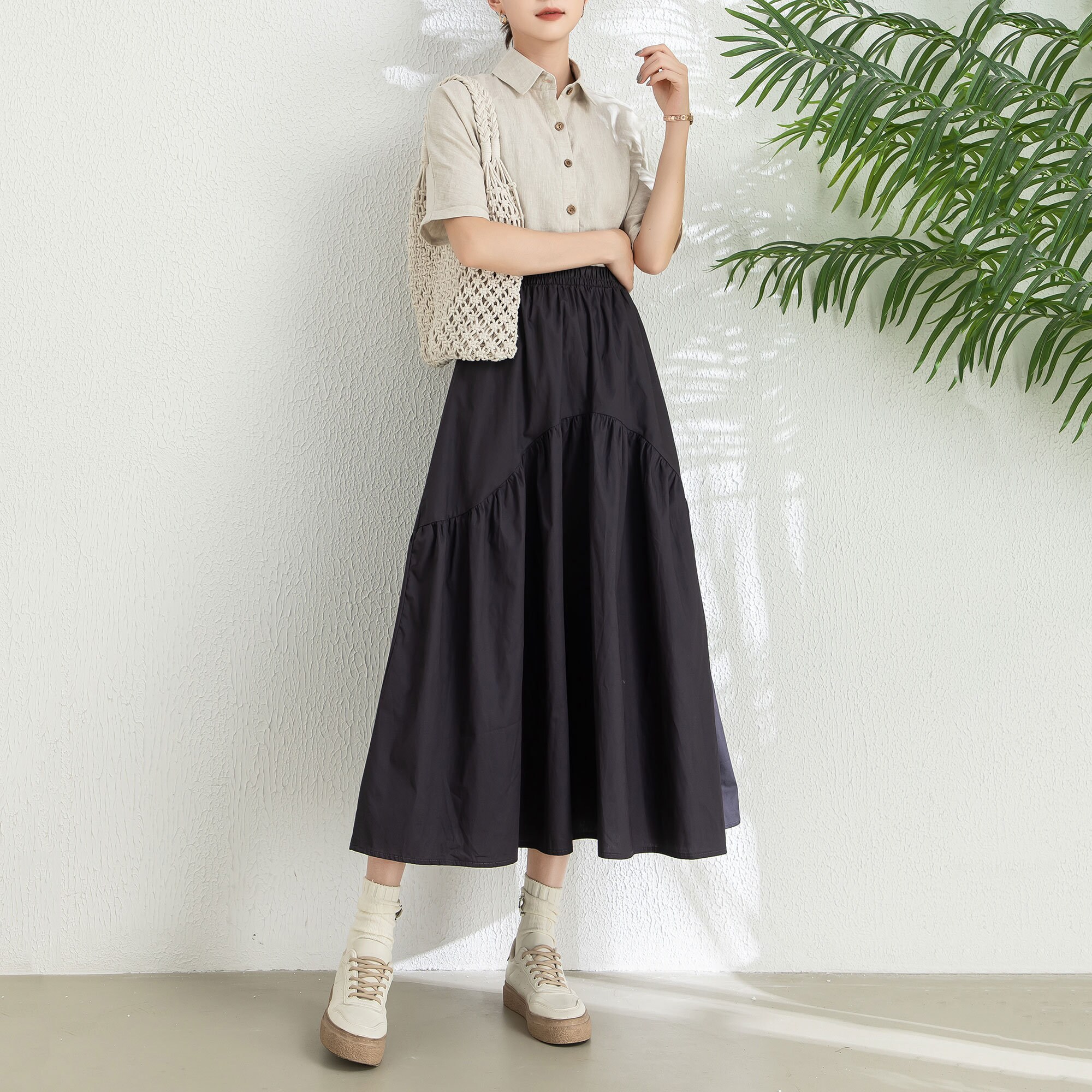 Summer Midi Skirt, Black Swing Skirt, Women's Cotton Skirt