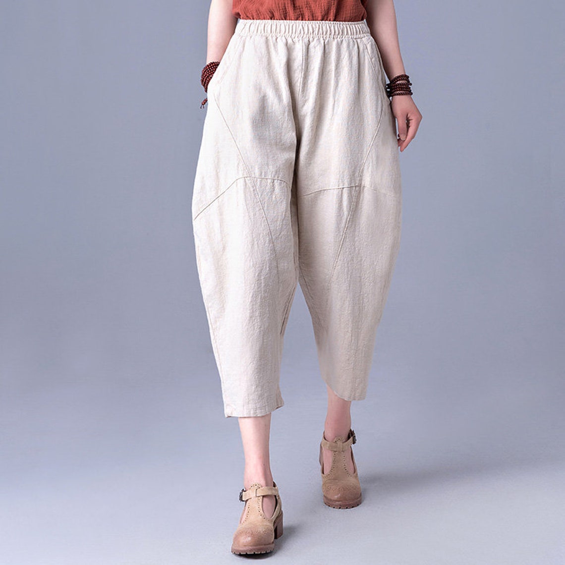 Women Calflength Pants Cotton Capri Pants Elastic Waist Linen Etsy