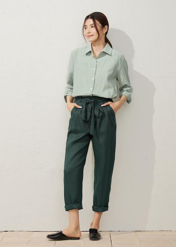 Green linen pants, Casual pants Women, Long Linen pants, Tapered Pants with pockets, Tied waist pants, Spring linen pants, Ylistyle C3935 Green linen pants, Casual pants Women, Long Linen pants, Tapered Pants with pockets, Tied waist pants, Spring linen pants, Ylistyle C3935