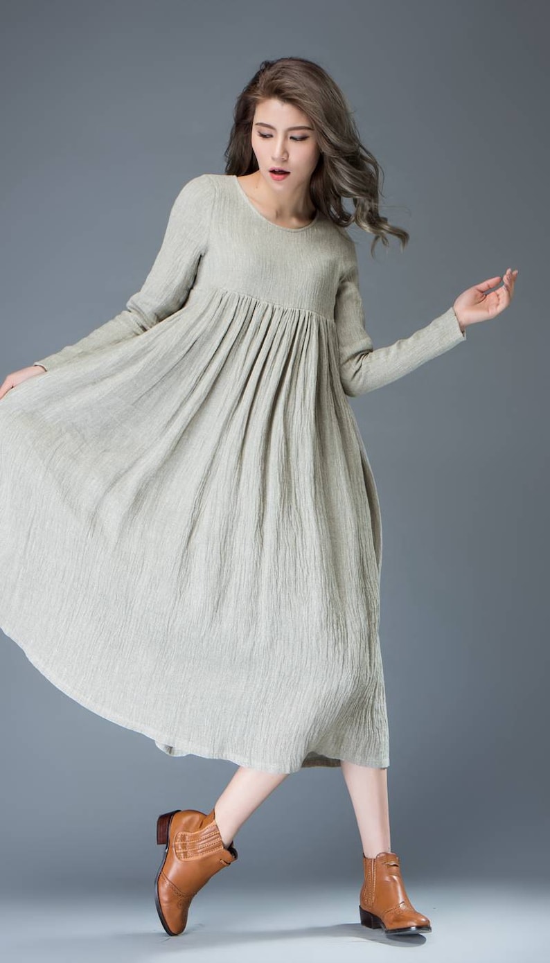 Casual Linen Dress Light Gray Flared Pleated Midlength Long Etsy