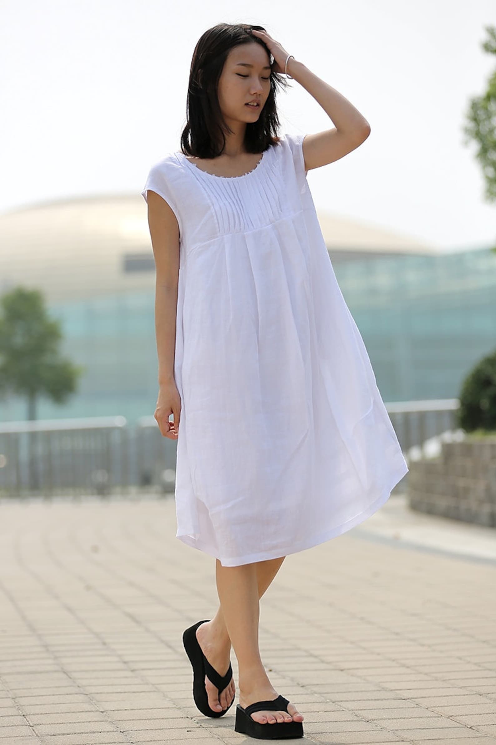 White Cotton Boho Dress Cool Loose-Fitting Midi Length | Etsy