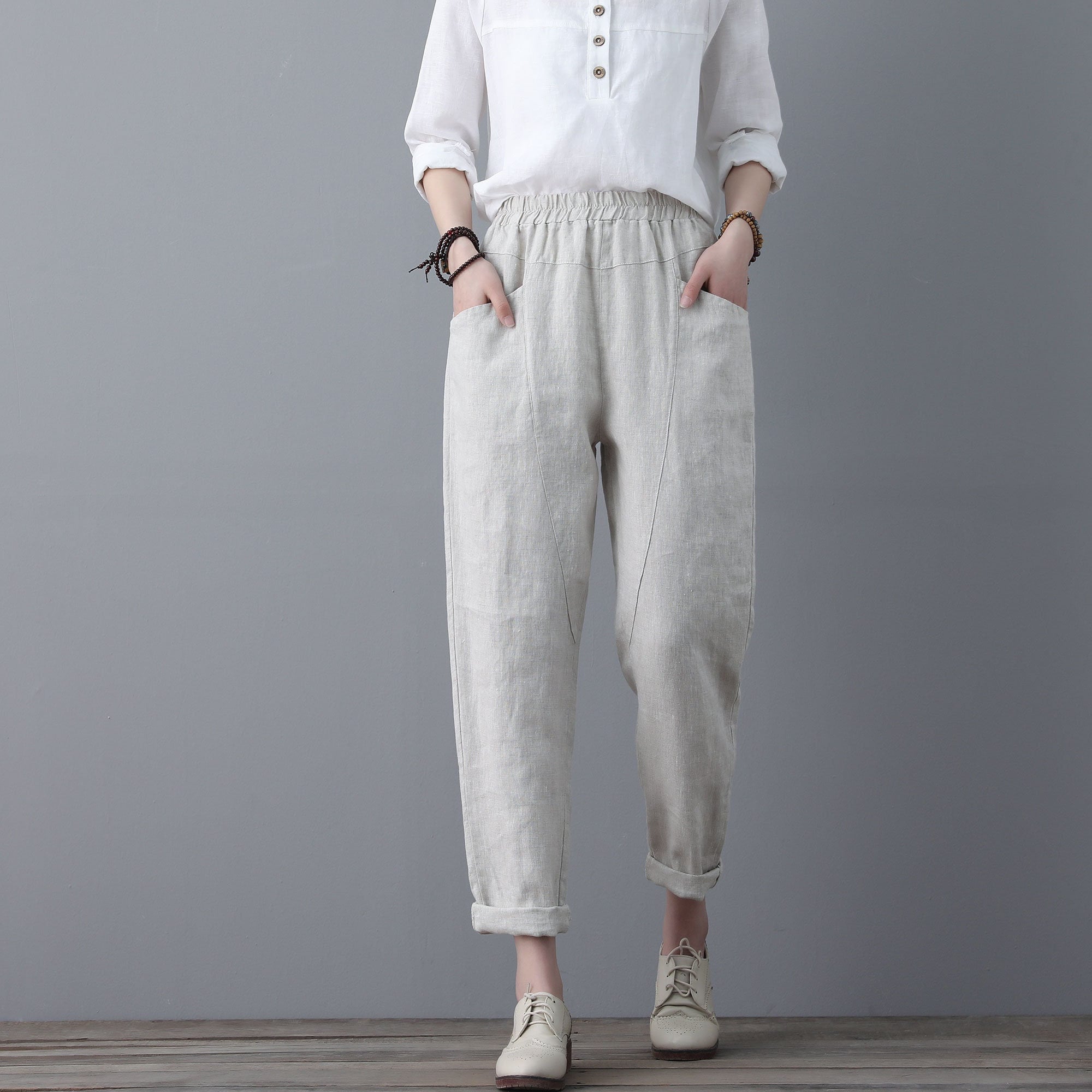Women Elastic Waist Linen Pants , Casual Minimal Cropped Women Elastic Waist Linen Pants , Casual Minimal Cropped