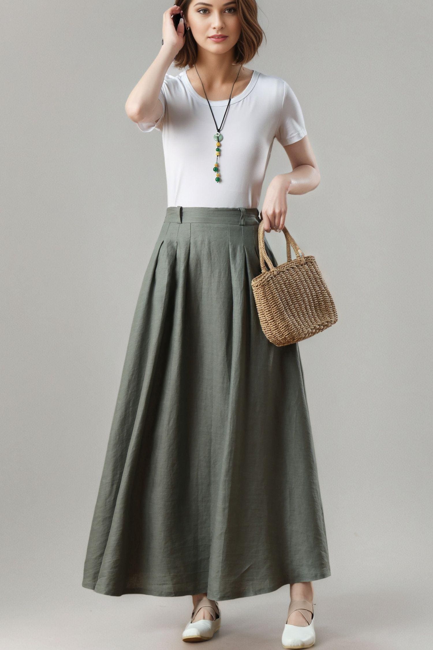 Green Linen Maxi Skirt, A-line Swing Skirt, Plus Size, Ylistyle