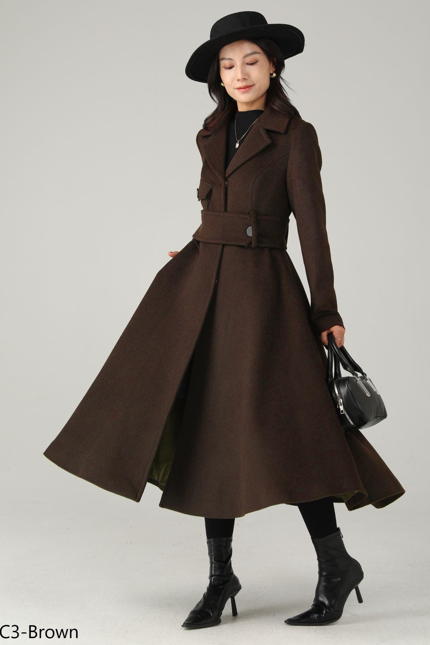 Brown Wool Coat: Women's Tailored Belted A-line Winter Overcoat