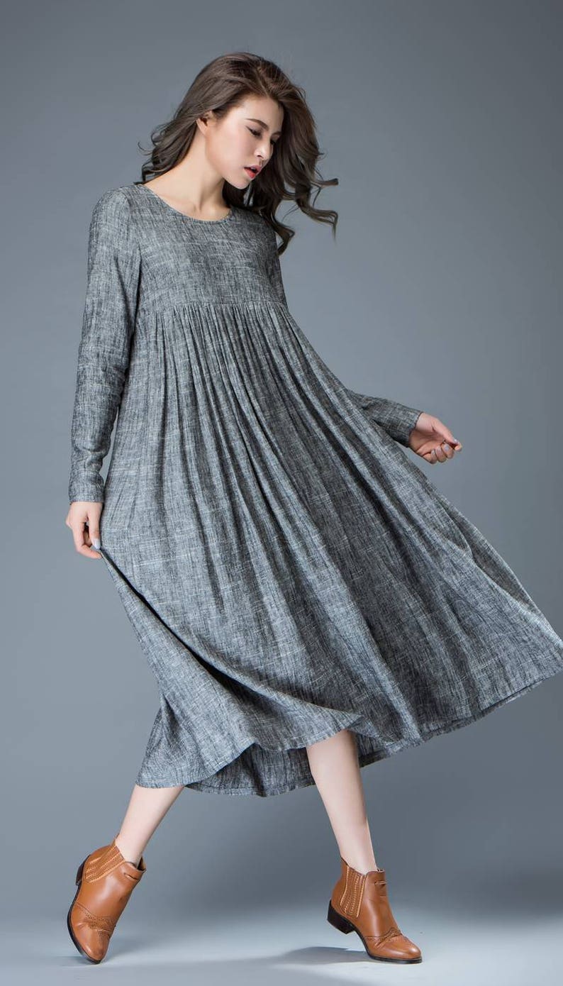 Maxi Linen dress Comfortable Linen Loose-Fitting Long Sleeved Everyday Marl Grey Midi-Length Woman's Dress C808 image 6