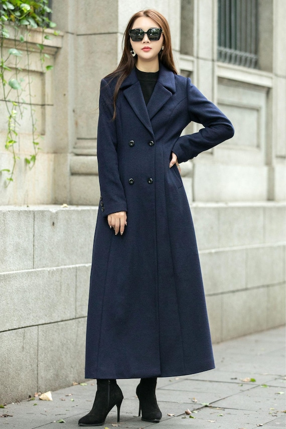 Womens Mid-Length Winter Jacket - Navy Blue Midi Swing & Layered Wool Coat with Contrasting Hemline Detail (1059) Womens Mid-Length Winter Jacket - Navy Blue Midi Swing & Layered Wool Coat with Contrasting Hemline Detail (1059)
