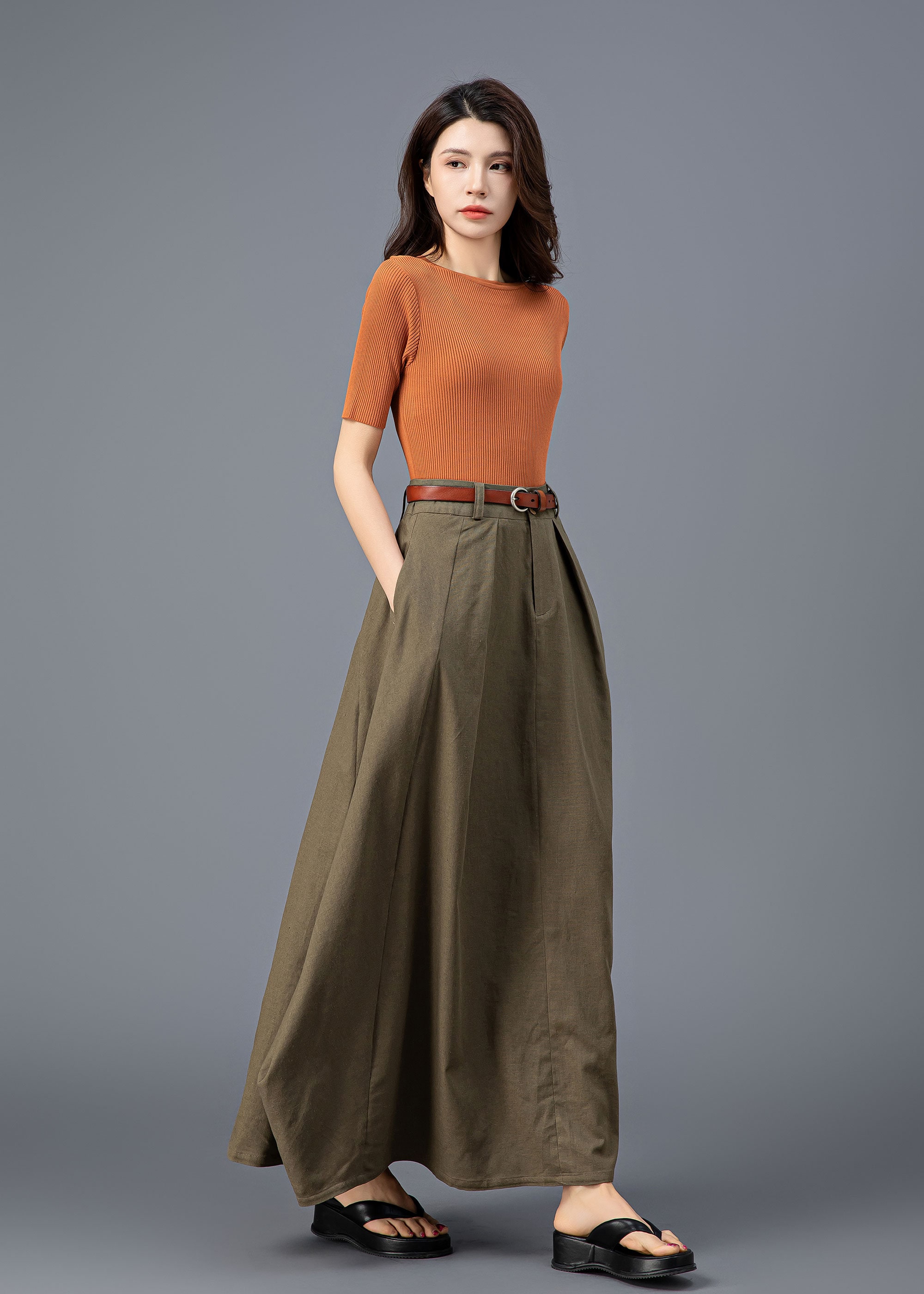 Army Green Linen Skirt, Linen Maxi Skirt, Asymmetrical Linen
