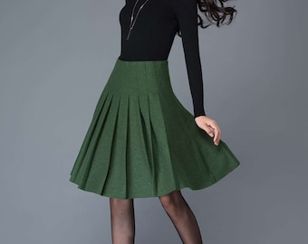 Wool skirt, Wool Midi skirt in green, pleated wool skirt, High waist wool skirt, winter skirt women, womens skirts, Short wool skirt C1031