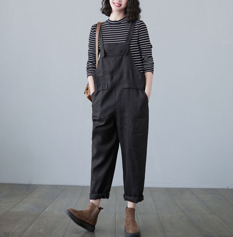 Summer green linen jumpsuit women, Casual Linen dungarees, Linen overalls, cropped leg plus size romper harem jumpsuit with pockets C1697 image 10