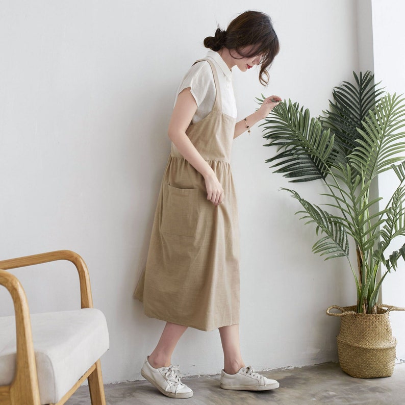 Linen Apron, Cream Linen Pinafore apron, Natural Linen midi apron with pockets, Cross-back Apron, Adult Apron, Cooking/Gardening Apron C1915 image 1