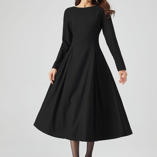 Black Dress, Wool Dress Women, Winter Dress, Fit and Flare Dress, Classic Wool Dress, Warm Dress, Long Sleeves Dress, Handmade Dress C3542