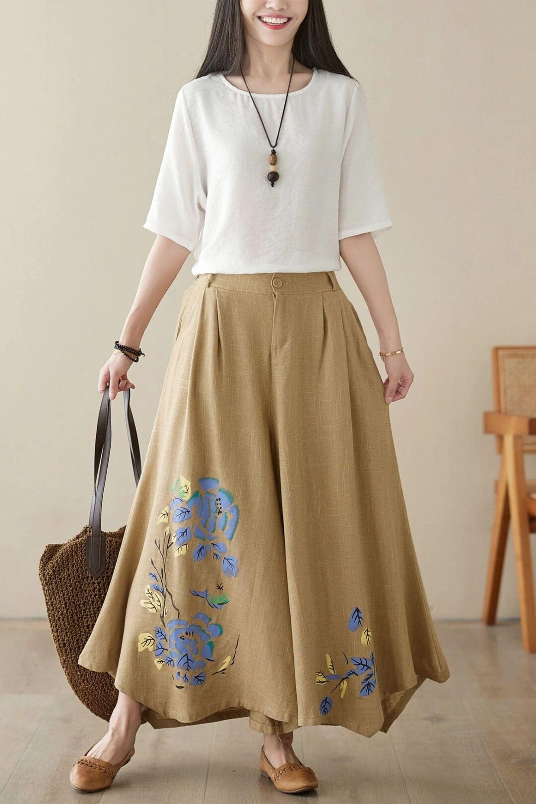 Linen Pants, Linen Maxi Pants, Printed Skirt Pants