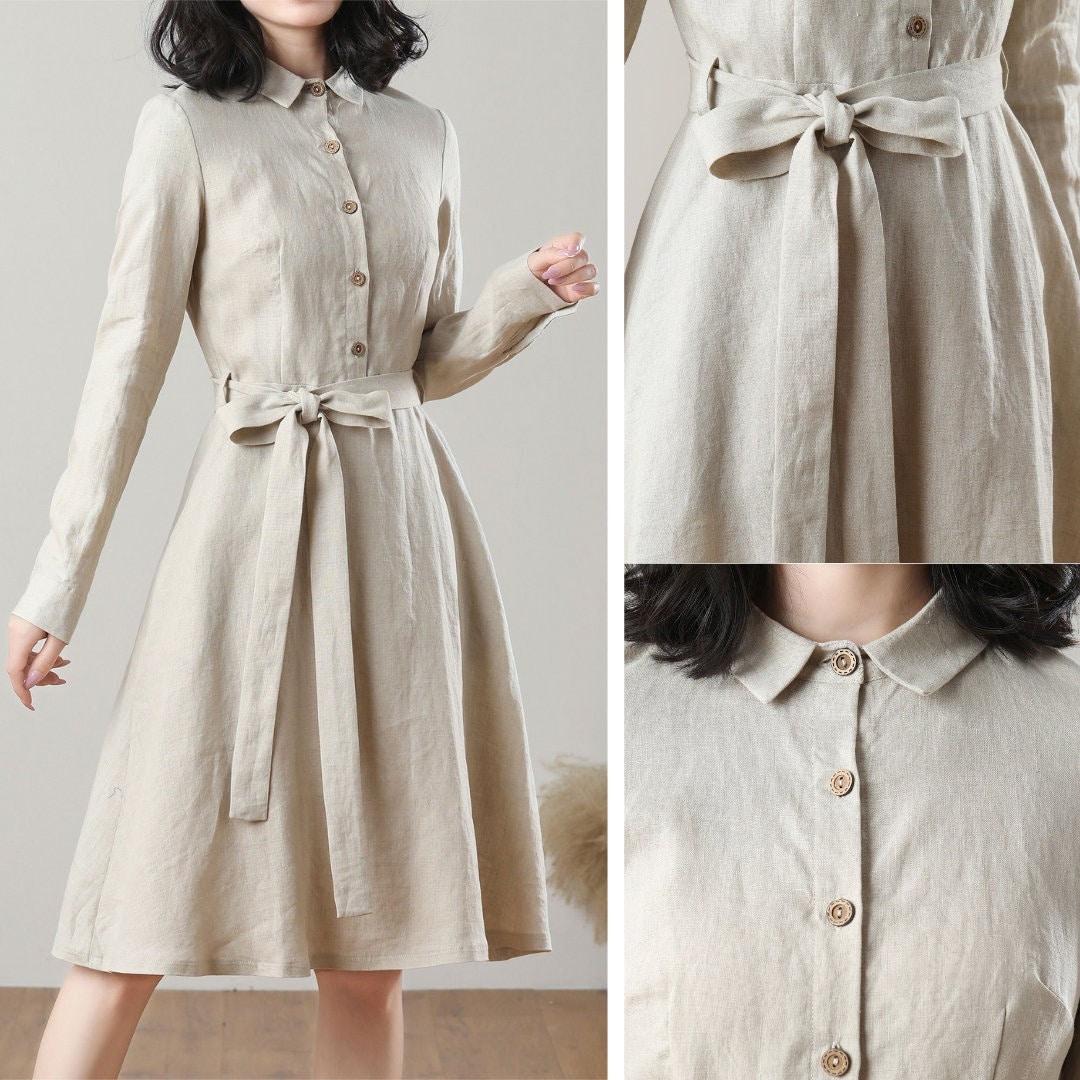 Poly Linen Printed Midi Dress for Women with Belt, Casual Day Dress