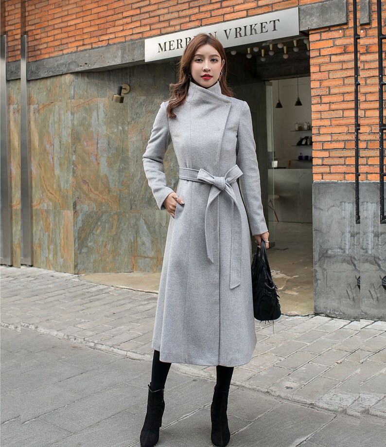 Grey Wool Coat Women Long Wrap Winter Hong Kong Grey Wool Coat Women Long Wrap, Grey Coat With Hood Womens