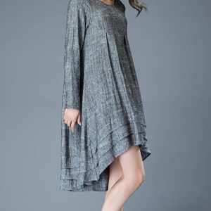 Marl Gray Lagenlook Dress Linen Loose-Fitting Long-Sleeved Round Neck Asymmetrical Dress with Tiered Pleated Hemline C810 image 2