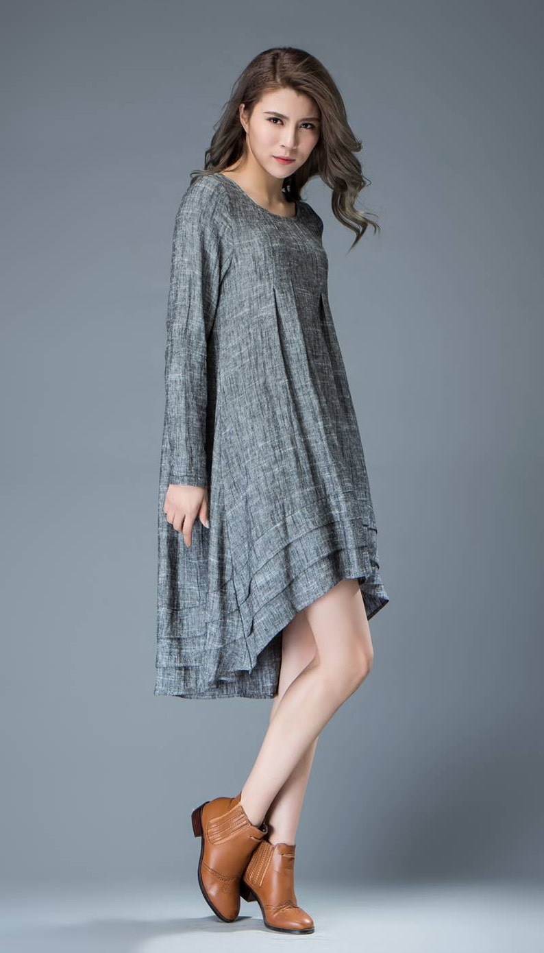 Marl Gray Lagenlook Dress Linen Loose-Fitting Long-Sleeved Round Neck Asymmetrical Dress with Tiered Pleated Hemline C810 image 2