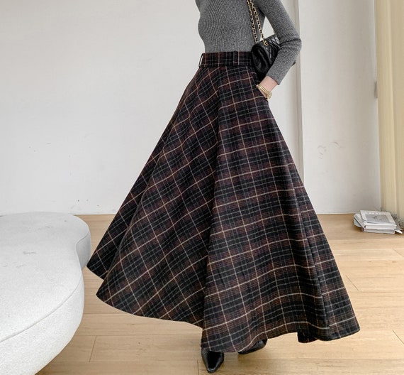 Retro Plaid Wool Skirt, High Waisted Skirt, Maxi Wool Skirt Women