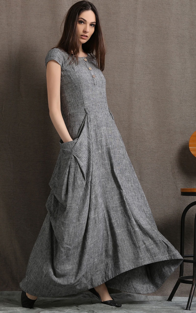 Gray Linen Dress Long Maxi Boho Style Short Sleeved Shift Etsy