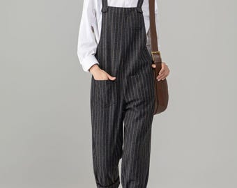 Gray Wool Blend Pinstripe Straight Ankle-Length Jumpsuit, Womens Autumn Winter Striped Wool Pants, Custom Pants, Ylistyle C5693