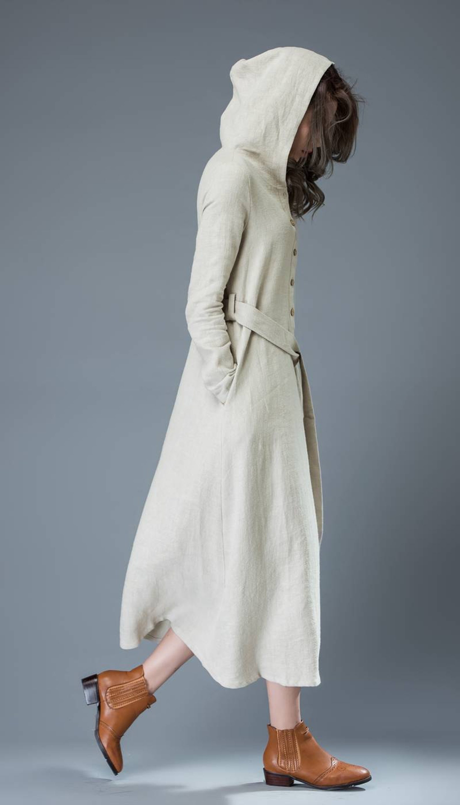 Gray Hooded Linen Dress Modern Buttoned Long Maxi Linen Coat | Etsy