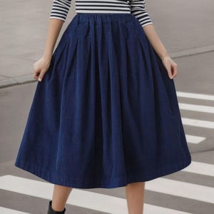 Blue Corduroy Skirt, Midi skirt, High Elastic Waist Skirt, Plus Size Skirt, Pleated Skirt with Pocket, Spring fall Skirt, Causal Skirt C2617
