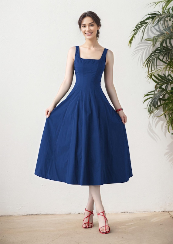 Royal Blue Midi Pinafore Dress, Sleeveless Fit and Flare, Ylistyle C3455