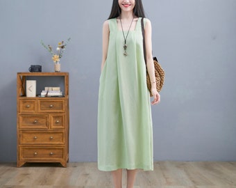 Green Linen shift Dress, Casual Dress, Sleeveless Midi Dress, Origami Linen Dress, Loose Fit Dress, Women Summer Dress, Ylistyle, C2254