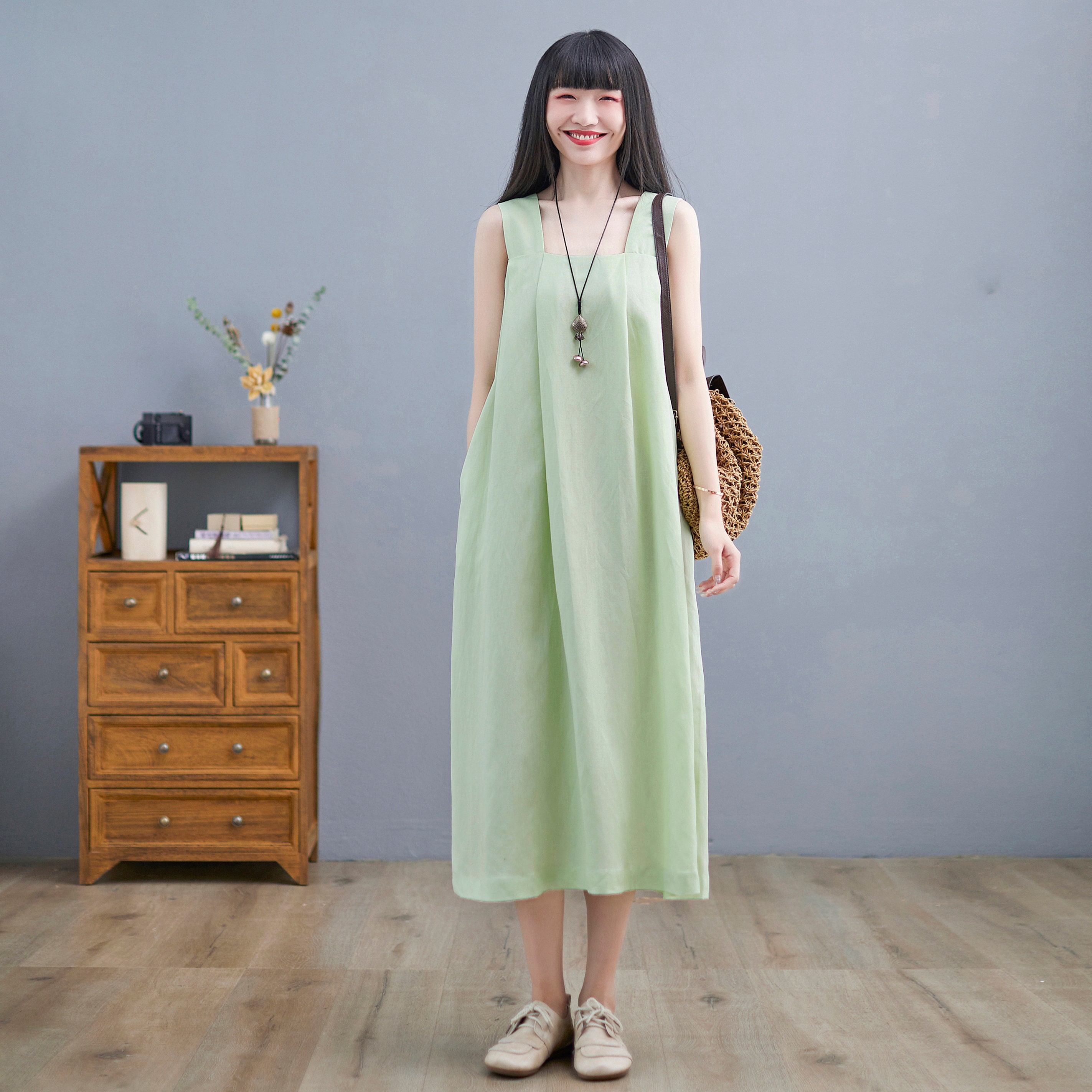 Green Linen Dress Casual Dress Sleeveless Midi Dress | Etsy