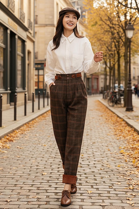 slim fit dress slacks High Waist Wide Leg Pant - Charcoal Plaid | KiraGrace main image 1