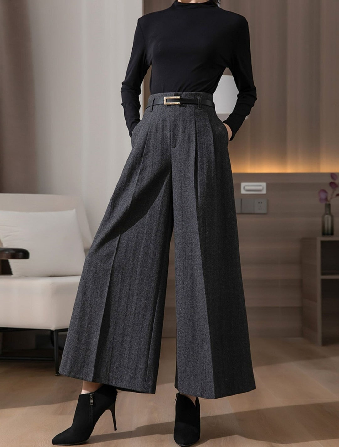 Gray Wool Pants, Wide Leg Pleated Pants for Women, Pleated Loose Long ...
