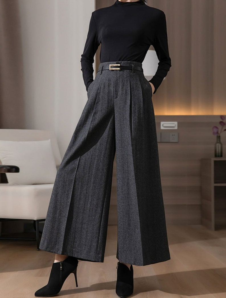 Gray Wool Pants, Wide Leg Pleated Pants for Women, Pleated Loose Long pants, Women's Wool Palazzo pants, Custom Pants, Ylistyle C3143 image 1