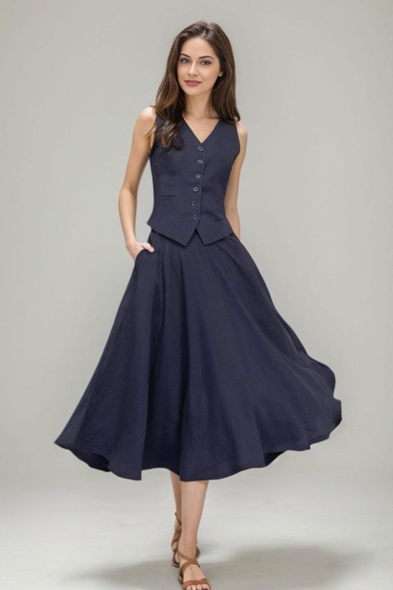 Navy Blue Linen Suit, Linen Tops and skirt, Sleeveless vest, Women's summer Casual Linen Set, Swing linen skirt, Custom Linen Suit C4786